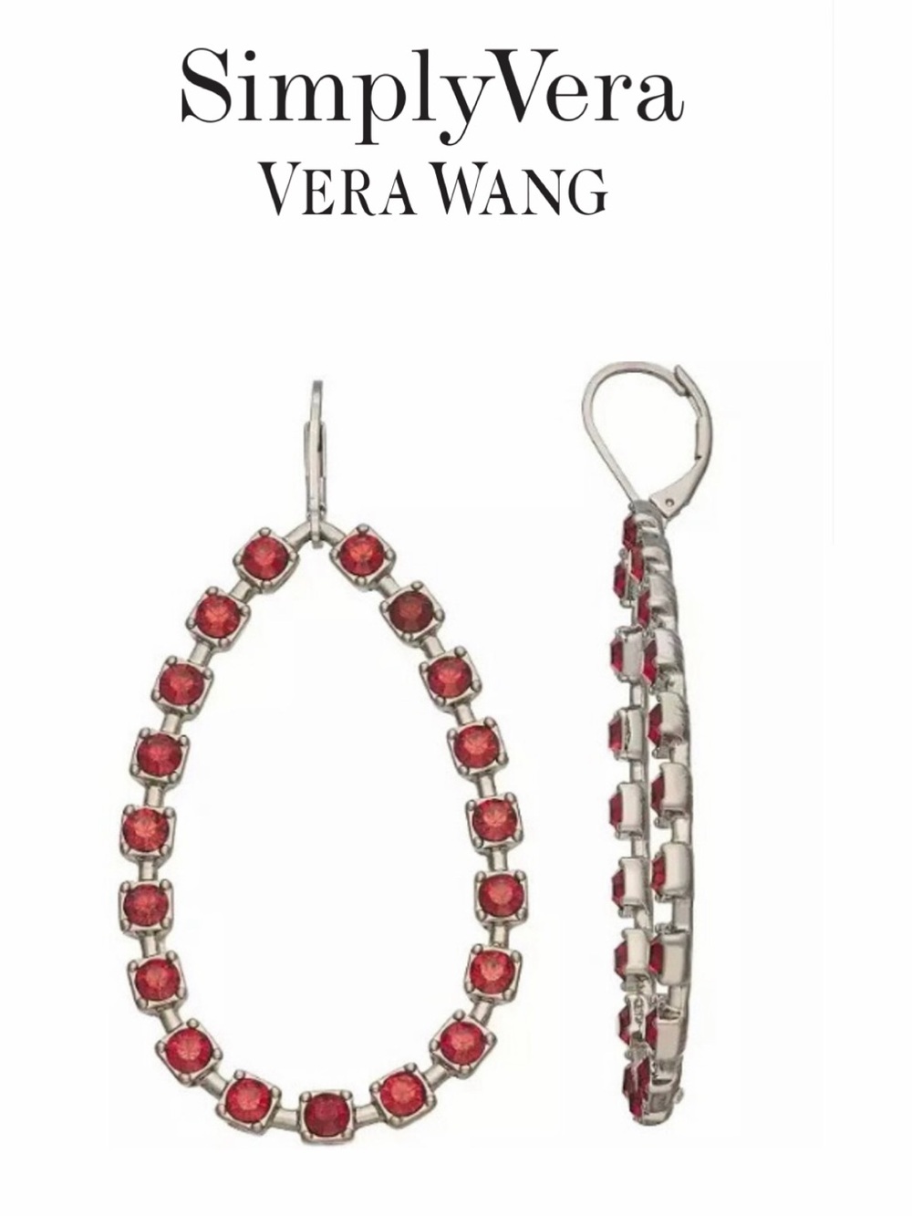 VERA WANG Gunmetal & red crystal Teardrop earrings.